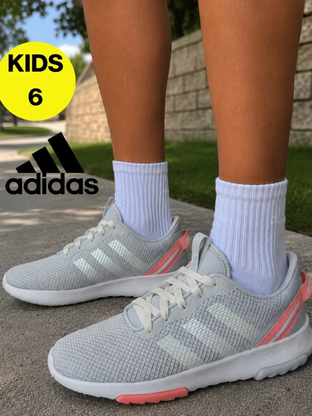 ADIDAS 🌴 Grade School Boys Light Gray & Pink Athletic Running Sneakers (Size 6)